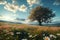 Scenic landscape Vast flower field and towering tree under sunny sky