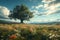 Scenic landscape Vast flower field and towering tree under sunny sky