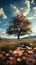 Scenic landscape Vast flower field and towering tree under sunny sky