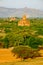 Scenic landscape view of antient temples at sunrise, Bagan, Myan