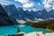 Scenic landscape view of the iconic Moraine Lake in Banff National Park in Canada