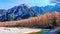 Scenic landscape view of Kamikochi National Park Beautiful mountain in autumn leaf with clear water river in the Northern Japan Al