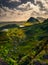 Scenic landscape view of Quiraing mountains in Isle of Skye, Scotland, UK