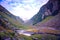 Scenic landscape view trekkng trail  to Hampta Pass in Himalaya