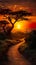 scenic landscape with a wavy path winding through a hillside adorned with trees, leading to a great sunset.