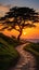 scenic landscape with a wavy path winding through a hillside adorned with trees, leading to a great sunset.