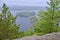 Scenic lookout over Whitefish Lake and forested island along hiking trail at Algonquin Park
