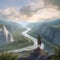 Scenic Majesty: Woman Admiring Epic Valley and River in 3D Studio Max Render