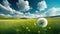 A scenic meadow field with lush green grass and white dandelion in a natural setting.