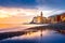 Scenic Mediterranean riviera coast. Panoramic view of Camogli town in Liguria, Italy. Basilica of Santa Maria Assunta and colorful