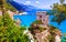 scenic Monterosso al mare , view with medieval castle and sea.