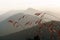 Scenic mountain landscape. Caucasus Mountains at sunset. Graass stalks on hazy mountains background