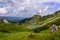 Scenic mountain panorama with green meadows and idyllic Lake Oberer Gaisalpsee , Germany