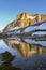 Scenic Mountain Peak Sunlight Reflected Calm Water Dramatic Sunset Landscape Panorama Canadian Rockies Alberta