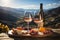 Scenic mountain picnic with a spread of wine, prosciutto, and jamon