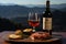 Scenic mountain picnic with a spread of wine, prosciutto, and jamon