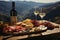 Scenic mountain picnic with a spread of wine, prosciutto, and jamon