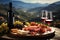 Scenic mountain picnic with a spread of wine, prosciutto, and jamon
