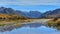 Scenic mountain ranges in Ashburton Lakes region in New Zealand