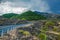 Scenic mountain view of the land burned by the lava on the volcano