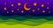 Scenic nature landscape of green grass meadow in the night under shiny moon and stars in midnight sky cartoon paper cut modern