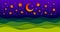 Scenic nature landscape of green grass meadow in the night under shiny moon and stars in midnight sky cartoon paper cut modern
