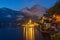 Scenic night scape of famous Hallstatt mountain village in the Alps at early morning, Austria