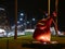 Scenic night view of a Cupid statue having a heart shape located in Miraflores district of Lima