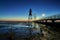 Scenic night view of the historic lighthouse Obereversand Dorum, Germany during low tide