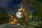 Scenic nightscape with old cannons and Church of St. Catherine in historical center of Chernihiv, Ukraine