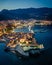 Scenic nighttime aerial view of Budva, Montenegro