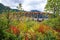 Scenic old wooden bridge in fall Northern nature