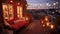 Scenic Outdoor Terrace with Charming String Lights. Enjoying a Cozy Autumn Evening on a Beautiful House\\\'s Rooftop