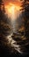 Scenic Painting Of Flowing Spring In Mountains With Dramatic Lighting