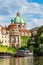 Scenic panorama cityscape view of Moldava river boat Prague in Czech Republic