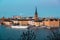 Scenic panorama of the Old Town of Stockholm architecture pier. Gamla Stan