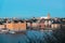 Scenic panorama of the Old Town of Stockholm architecture pier. Gamla Stan