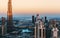 Scenic panorama view of Dubai`s business bay towers at sunset. Architectural background.