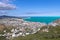 Scenic panoramic aerial view of Cabo San Lucas marina and El Medano beach from the lookout of Cerro de la Z observatory