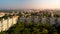 Scenic panoramic rooftop view of Omsk city and Irtysh river at august morning