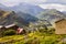 Scenic panoramic view of Kazbek mountain Georgia highest point and Gergeti Trinity Church at Stepantsminda village