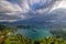 Scenic panoramic view of Lake Bled from above with moving clouds