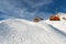 Scenic panoramic view of Silvretta ski area at Iscgl and Samnaun skiing resort with chairlifts , downhill slpoes and clear blue