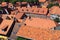 Scenic panoramic view traditional shingle tiled red rooftop old ancient medieval european german small town Quedlinburg