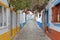 A scenic paved alley with colorful houses and flowers in the fishing village of Ferragudo, Algarve