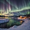 Scenic photo of winter fishing village with northern lights. stunning natural background. Picturesque Scenery of