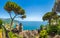 Scenic picture-postcard view of famous Amalfi Coast from Villa Rufolo gardens in Ravello, Italy