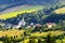 Scenic picturesque countryside landscape. Vast panorama view of Jugow village in the Owl Mountains Gory Sowie, Poland.