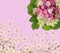 Scenic pink floral background with roses, daisies