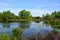 Scenic reflection of the lake at Kern River Parkway, Bakersfield, CA.